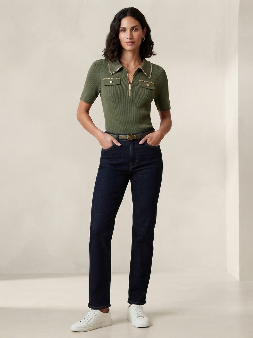 Nanette Lepore Olive Green Top with Dark Indigo Straight-Leg Jeans